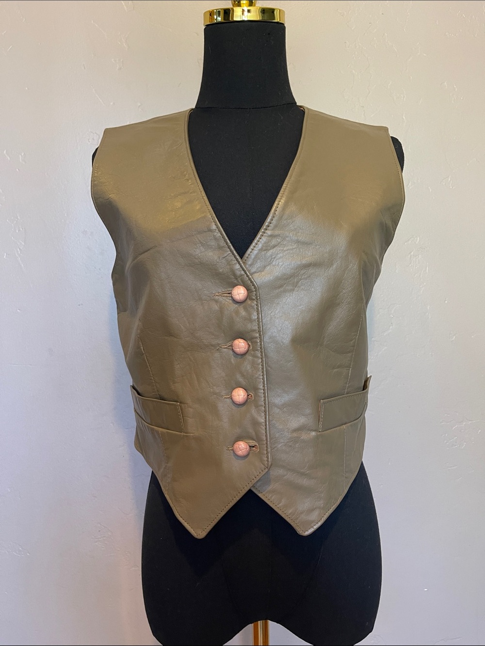 Vtg Cassis Sport Leather Waistcoat Button Front Tan neutral Tailored Y2K Boho